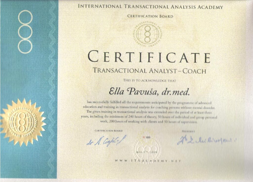 ella TA coach certificate Dr. Ella Pavusa Health & Peace